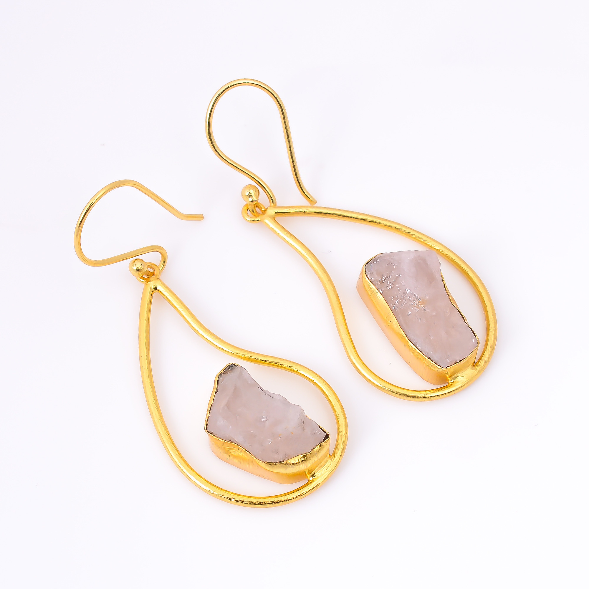 18K Gold Plated Earrings Natural Rough Rose Quartz Gemstone Dangle Earrings