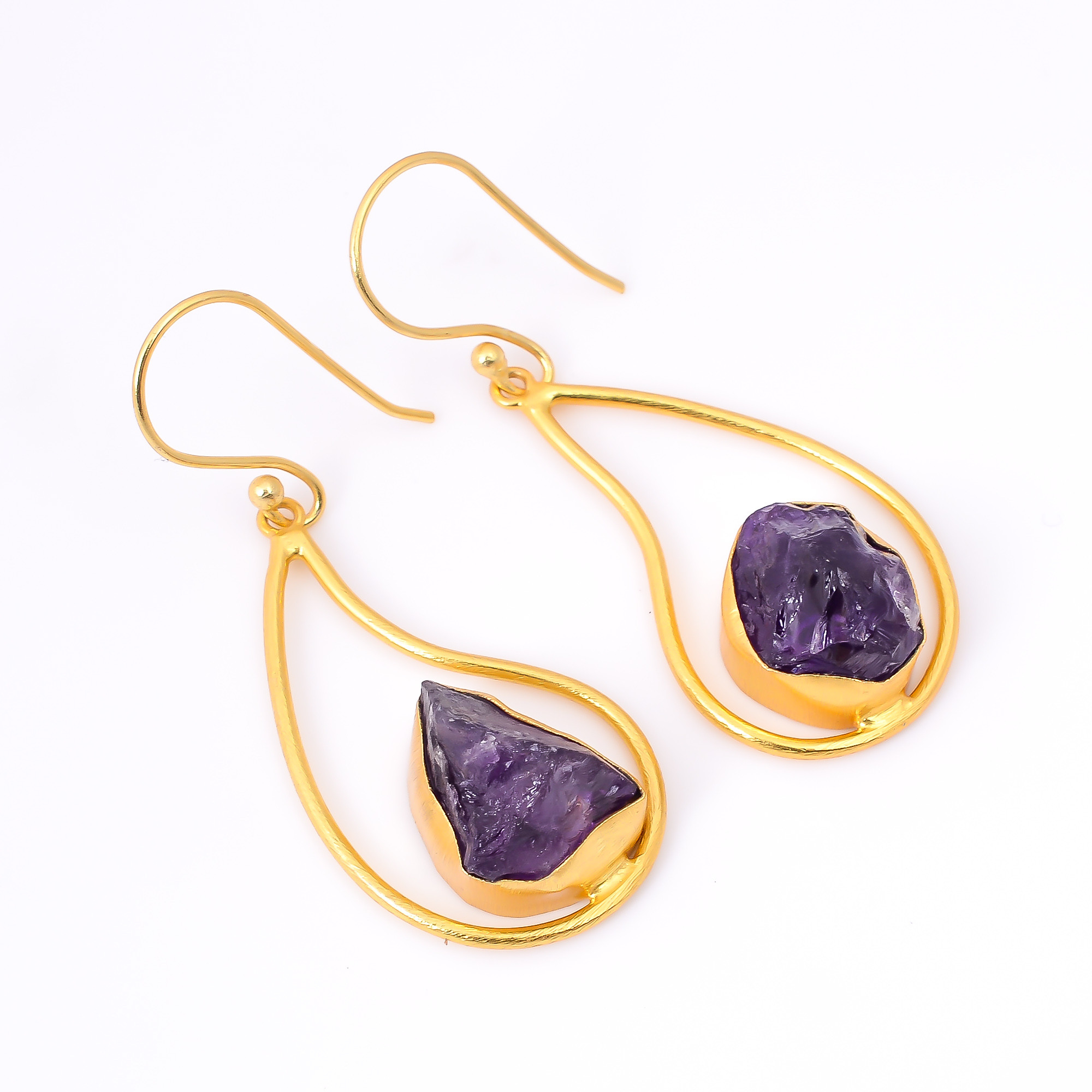 18K Gold Plated Earrings Natural Rough Amethyst Gemstone Earrings