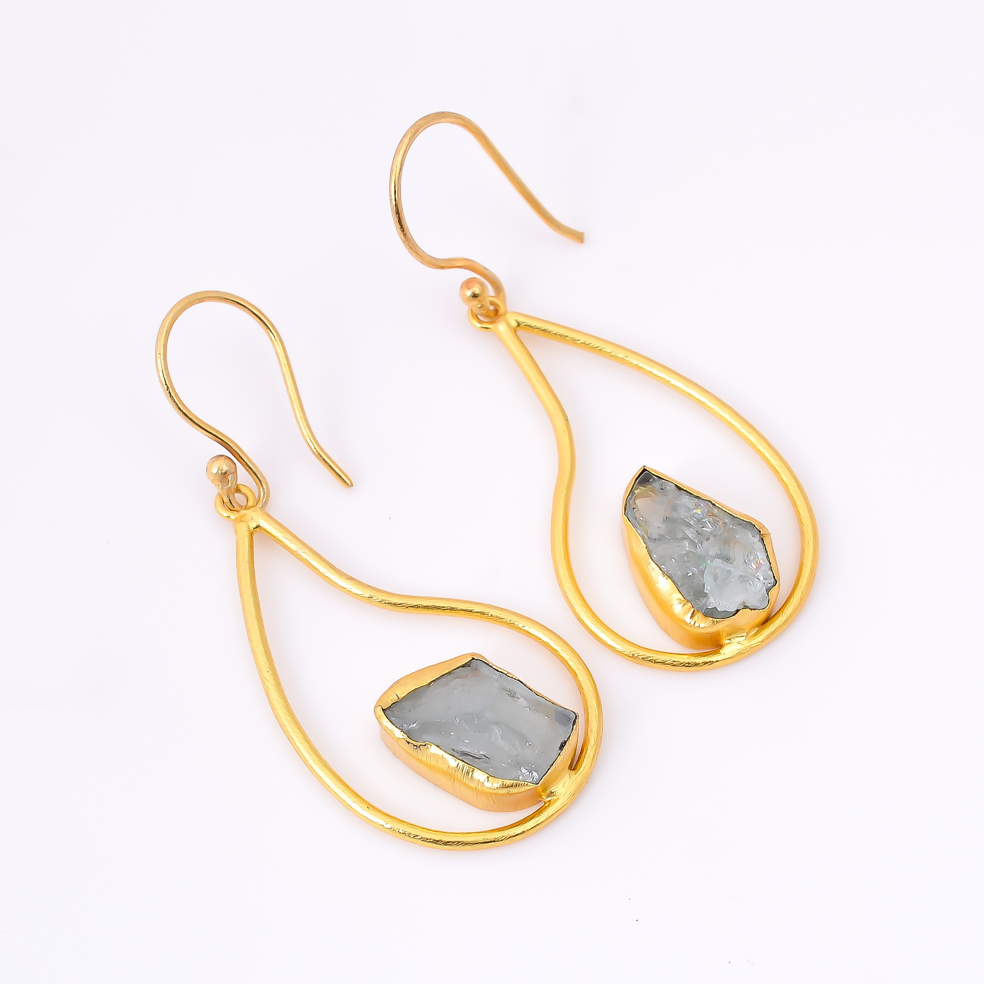 18K Gold Plated Earrings Natural Rough Aquamarine Gemstone Earrings