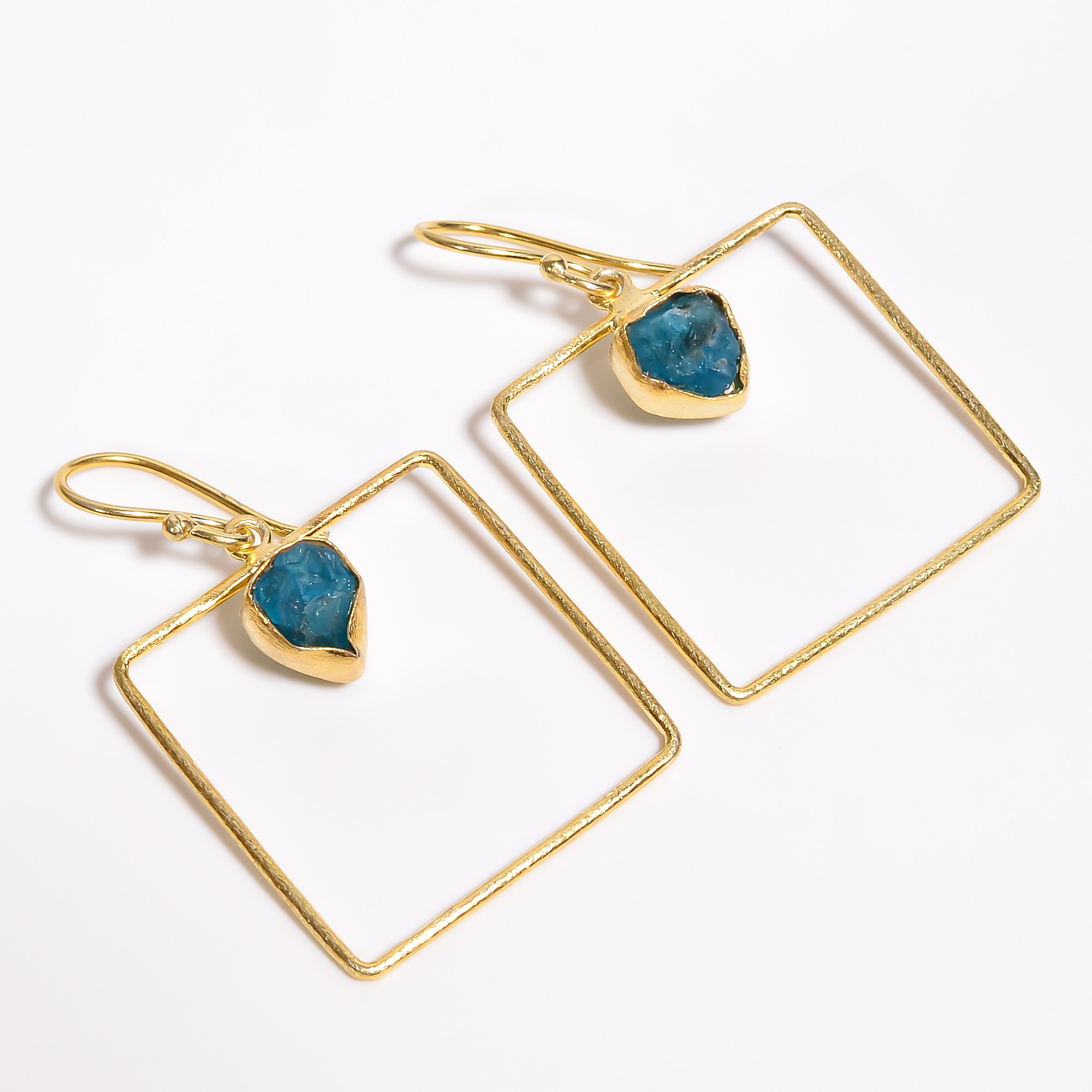 18K Gold Plated Brass Earrings Natural Rough Sky Apatite Gemstone Earrings