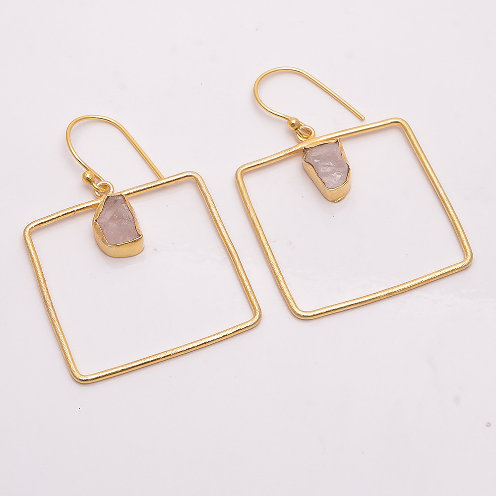 18K Gold Plated Earrings Natural Rough Rose Quartz Gemstone Earrings