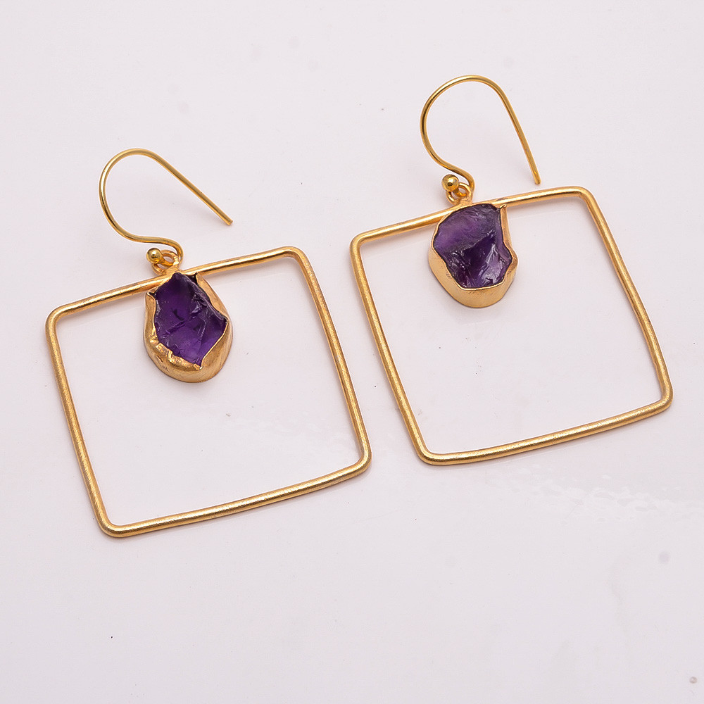 18K Gold Plated Earrings Natural Rough Amethyst Gemstone Earrings