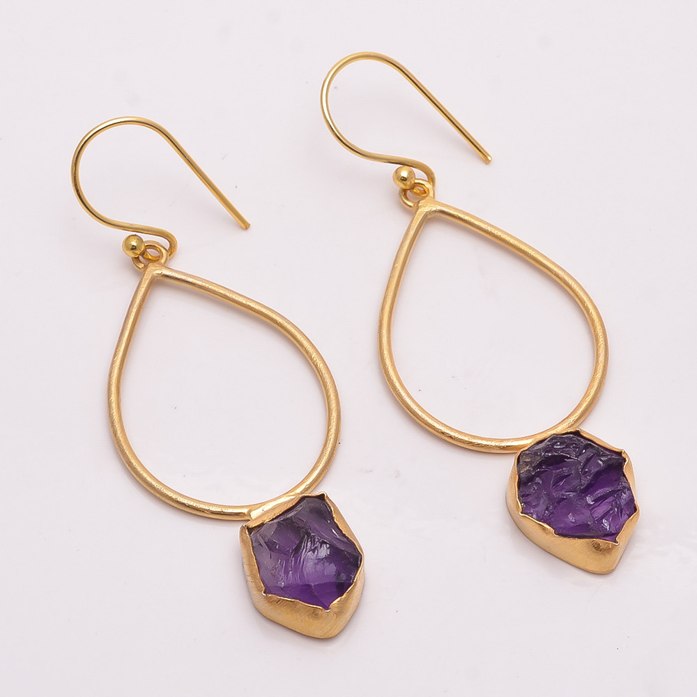 18K Gold Plated Earrings Natural Rough Amethyst Gemstone Earrings