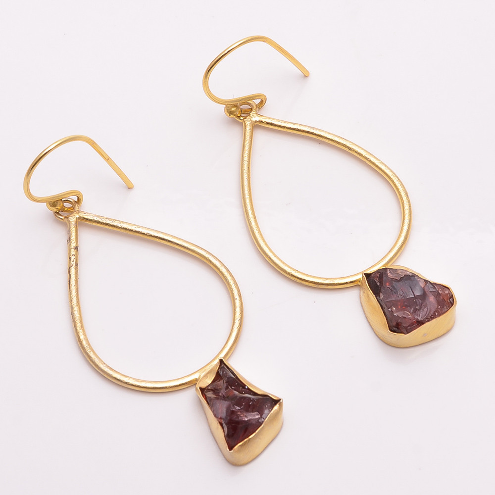 18K Gold Plated Earrings Natural Rough Garnet Gemstone Earrings