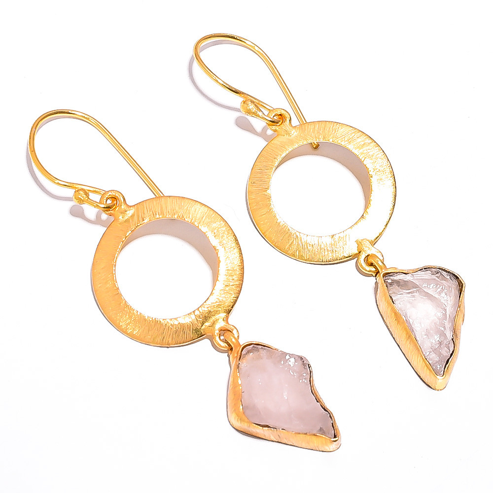 18K Gold Plated Brass Earrings Natural Rough Rose Quartz Gemstone Earrings