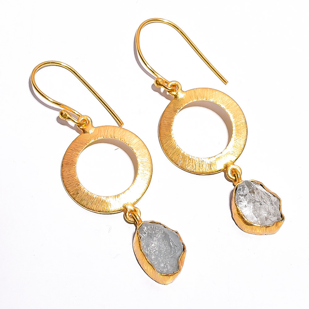 18K Gold Plated Earrings Natural Rough Aquamarine Gemstone Earrings