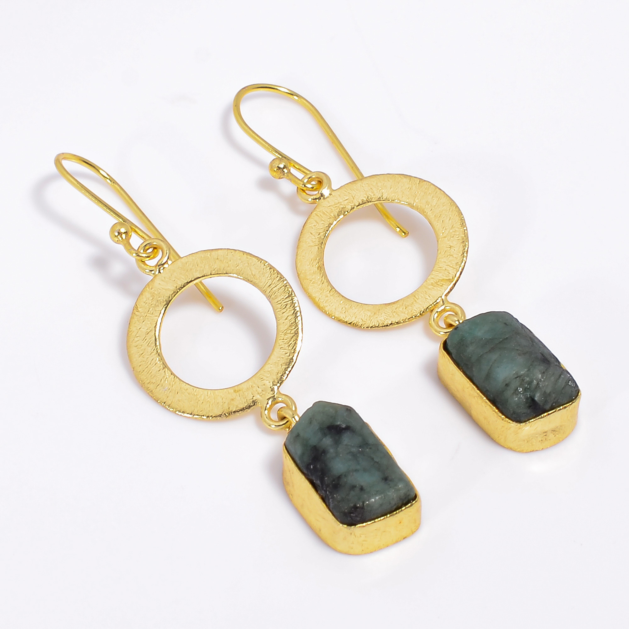 18K Gold Plated Earrings Natural Rough Emerald Gemstone Earrings
