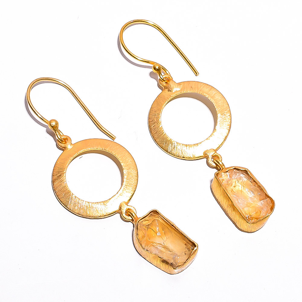 18K Gold Plated Brass Earrings Natural Rough Citrine Gemstone Earrings
