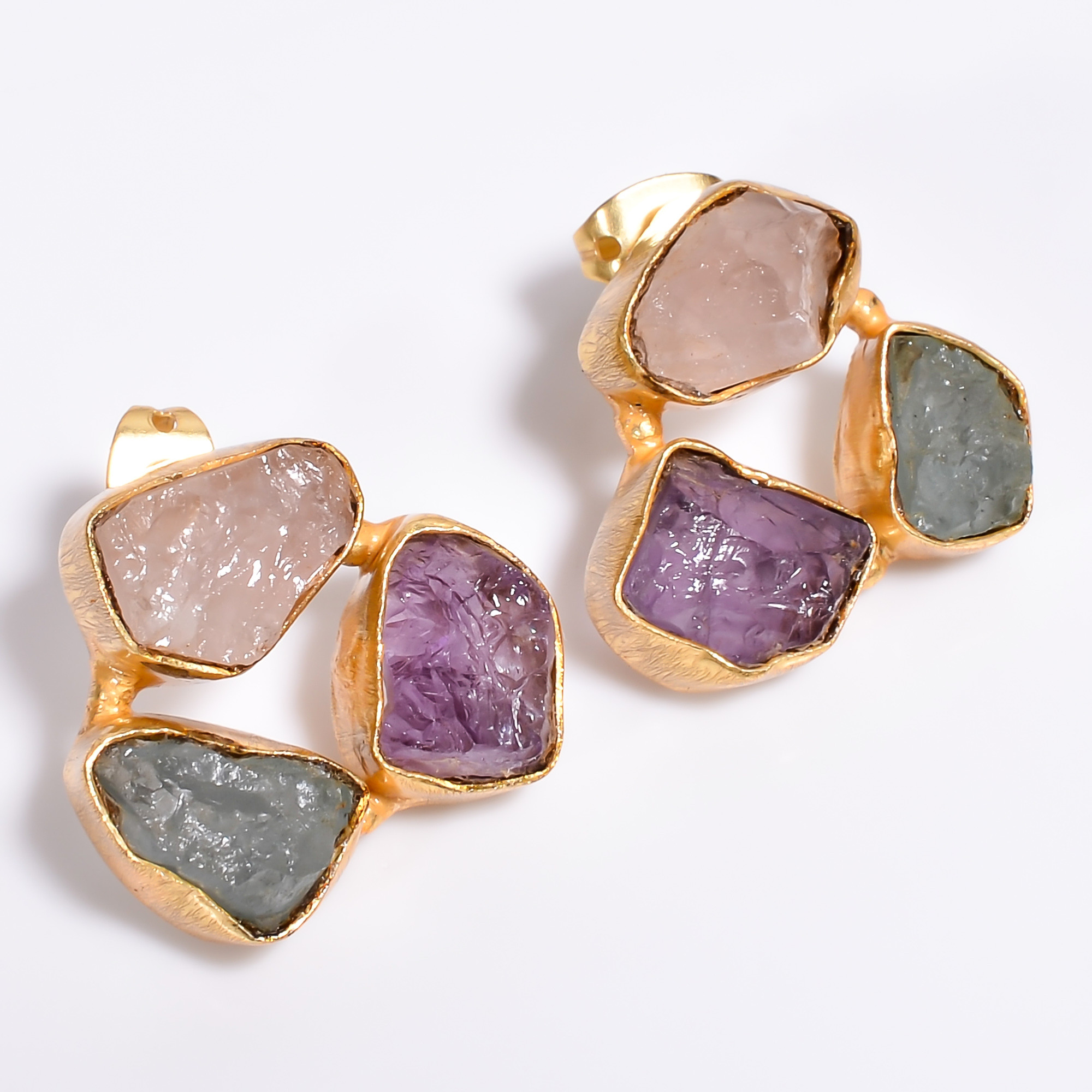 18K Gold Plated Earrings Natural Rough Rose Quartz Aquamarine Gemstone Stud Earrings