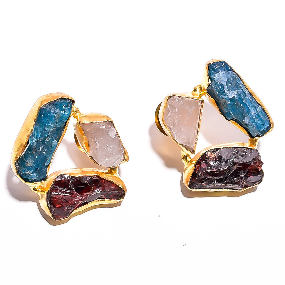 18K Gold Plated Earrings Natural Rough Garnet Rose Quartz Gemstone Stud Earrings