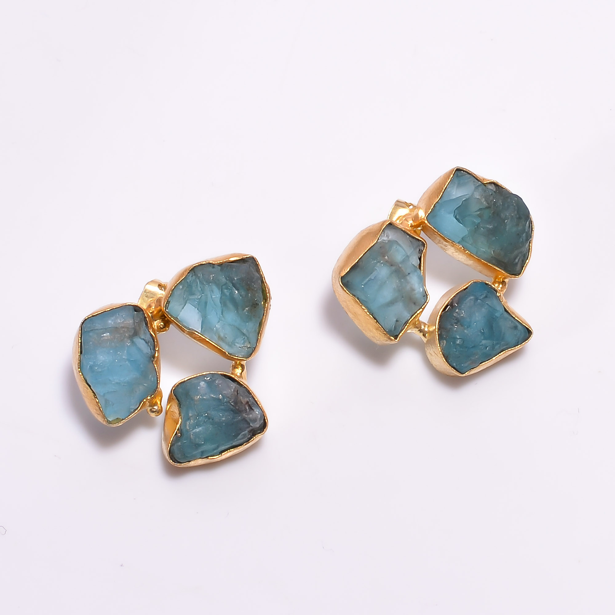 18K Gold Plated Earrings Natural Rough Sky Apatite Gemstone Stud Earrings