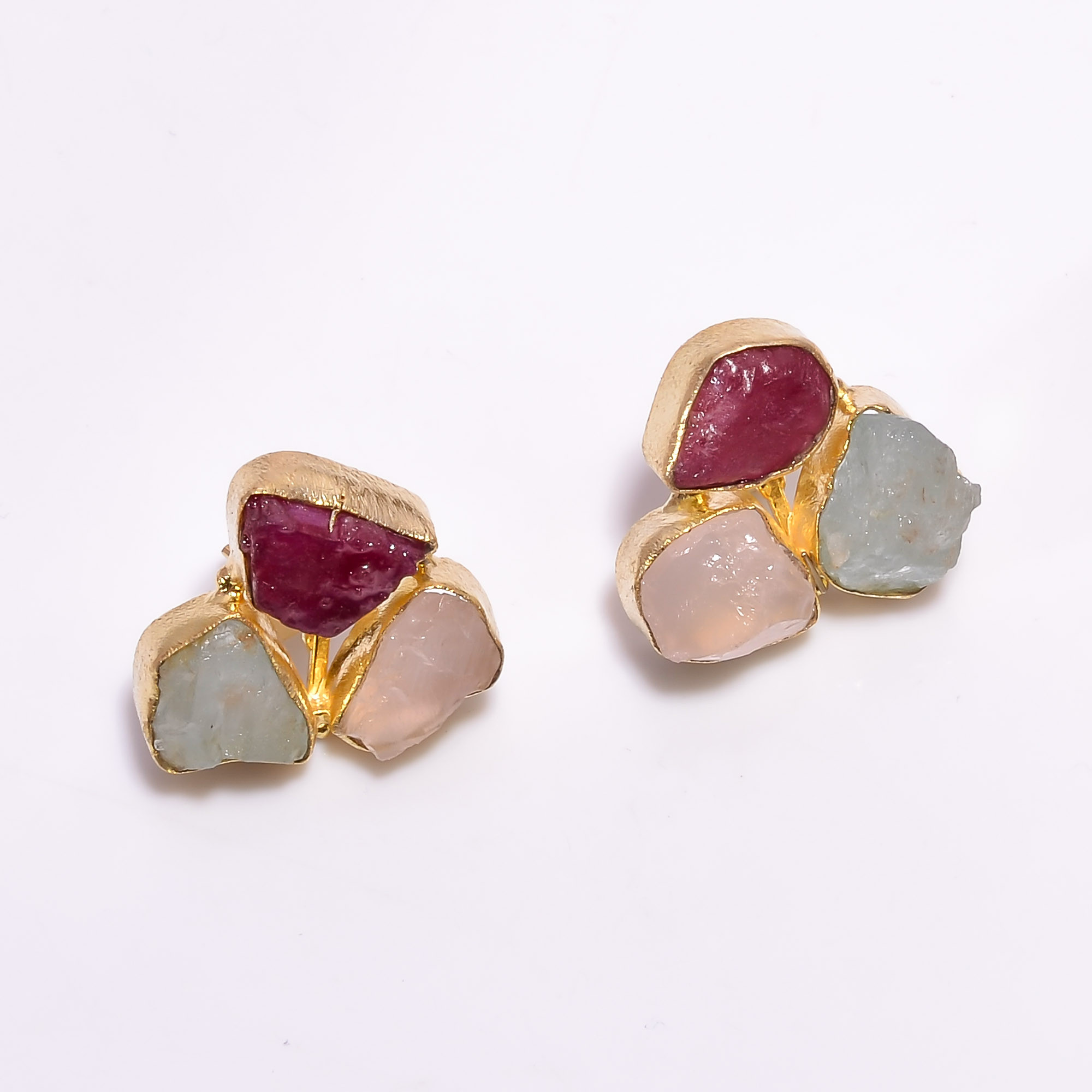 18K Gold Plated Earrings Natural Rough Ruby Aquamarine Gemstone Stud Earrings