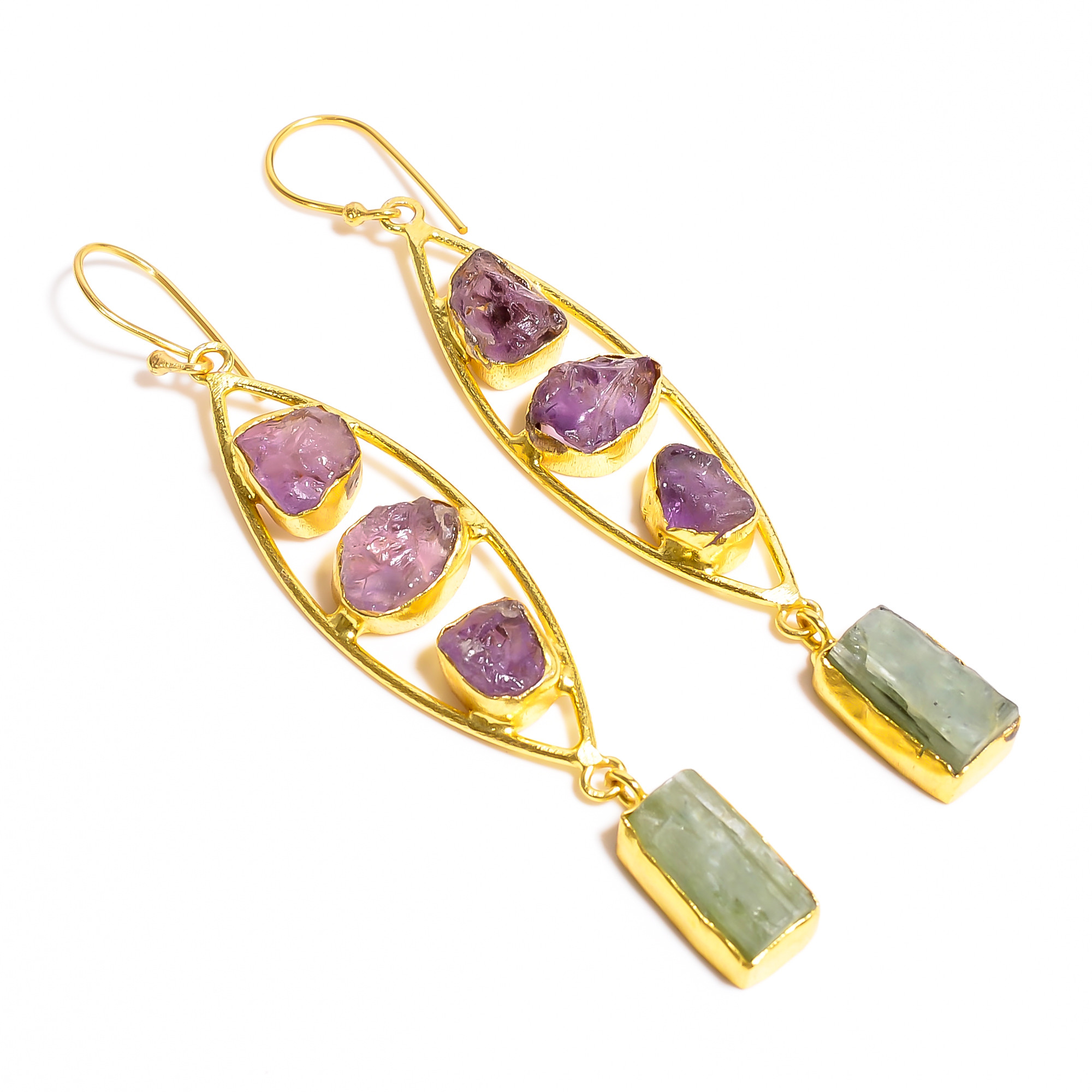 18K Gold Plated Earrings Natural Rough Green Kyanite Amethyst Gemstone Earrings