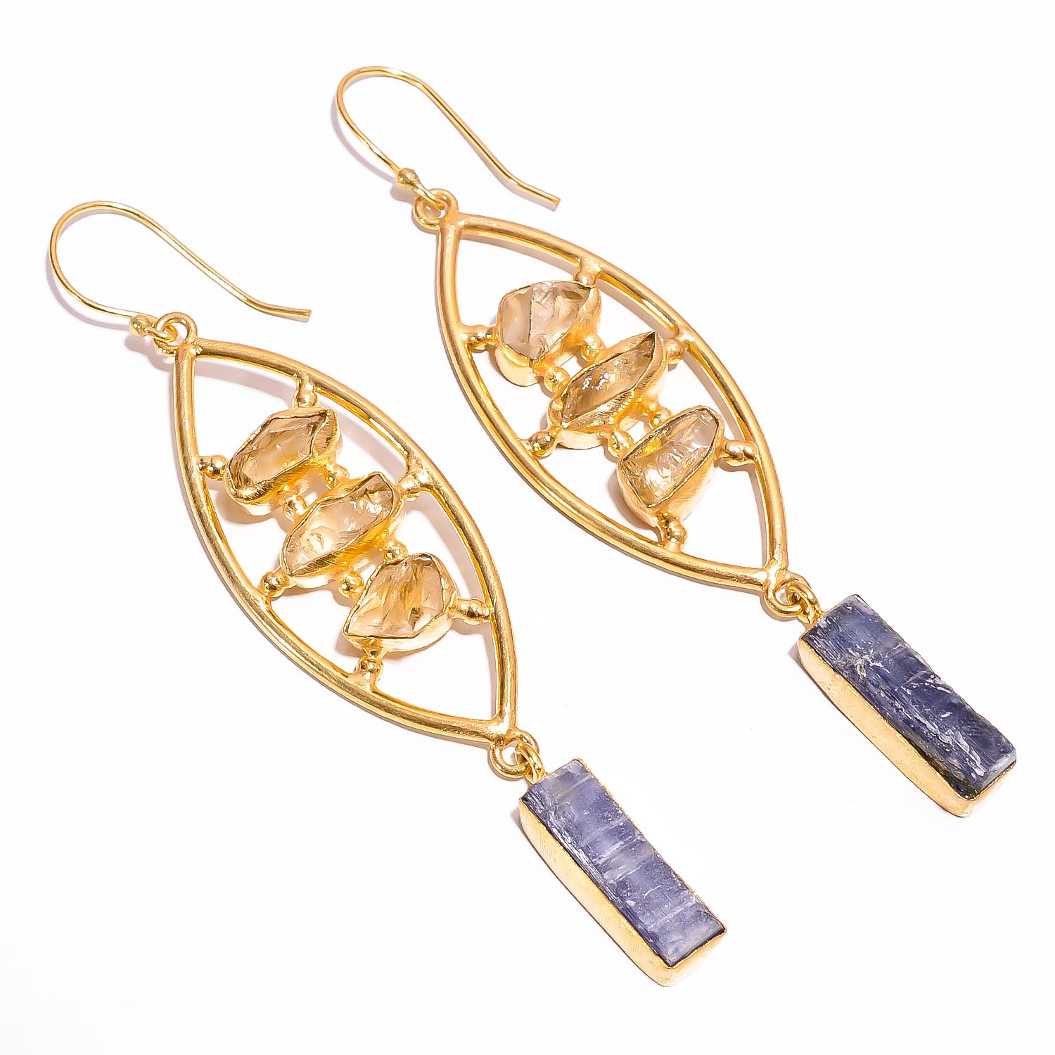 18K Gold Plated Earrings Natural Rough Citrine Blue Kyanite Gemstone Earrings