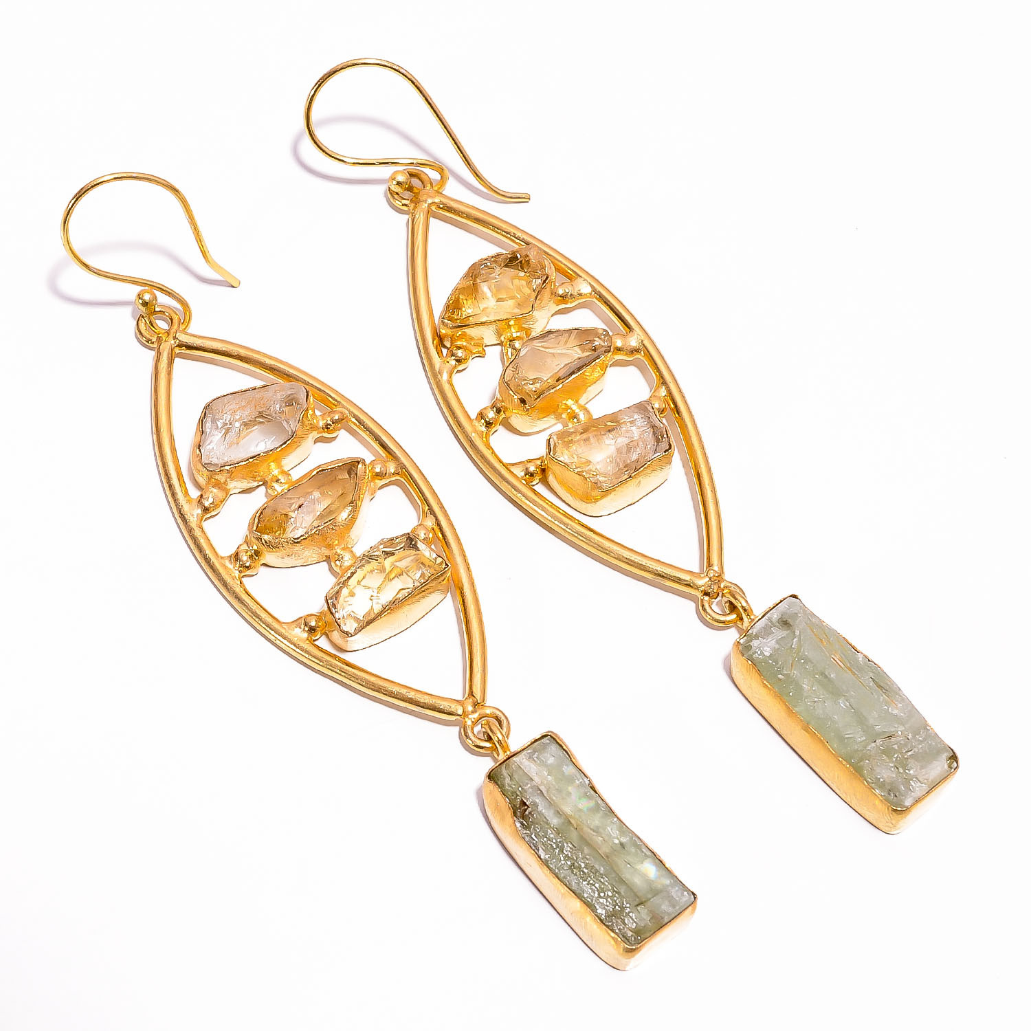 18K Gold Plated Brass Earrings Natural Rough Citrine Green Kyanite Gemstone Earrings