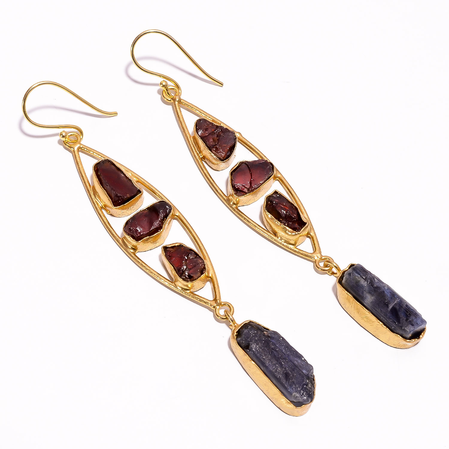 18K Gold Plated Earrings Natural Rough Garnet Blue Kyanite Gemstone Earrings