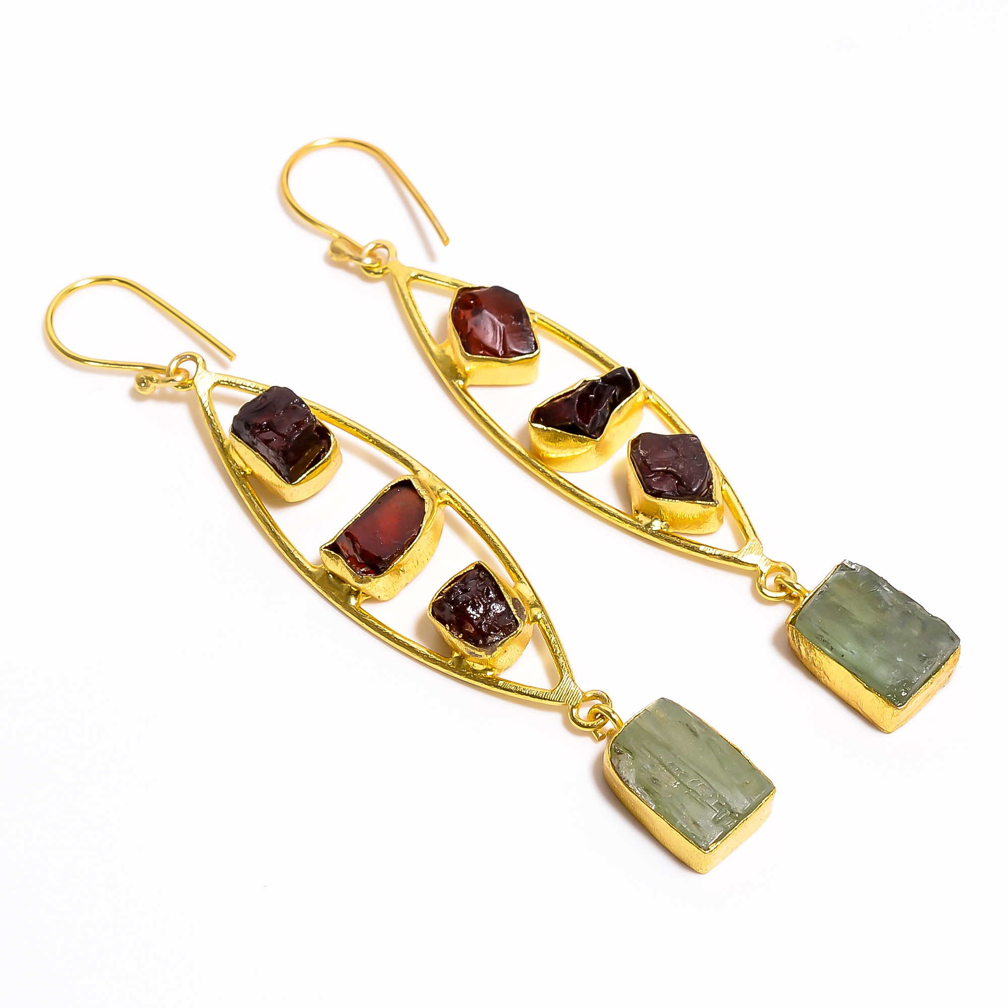 18K Gold Plated Earrings Natural Rough Garnet Green Kyanite Gemstone Earrings