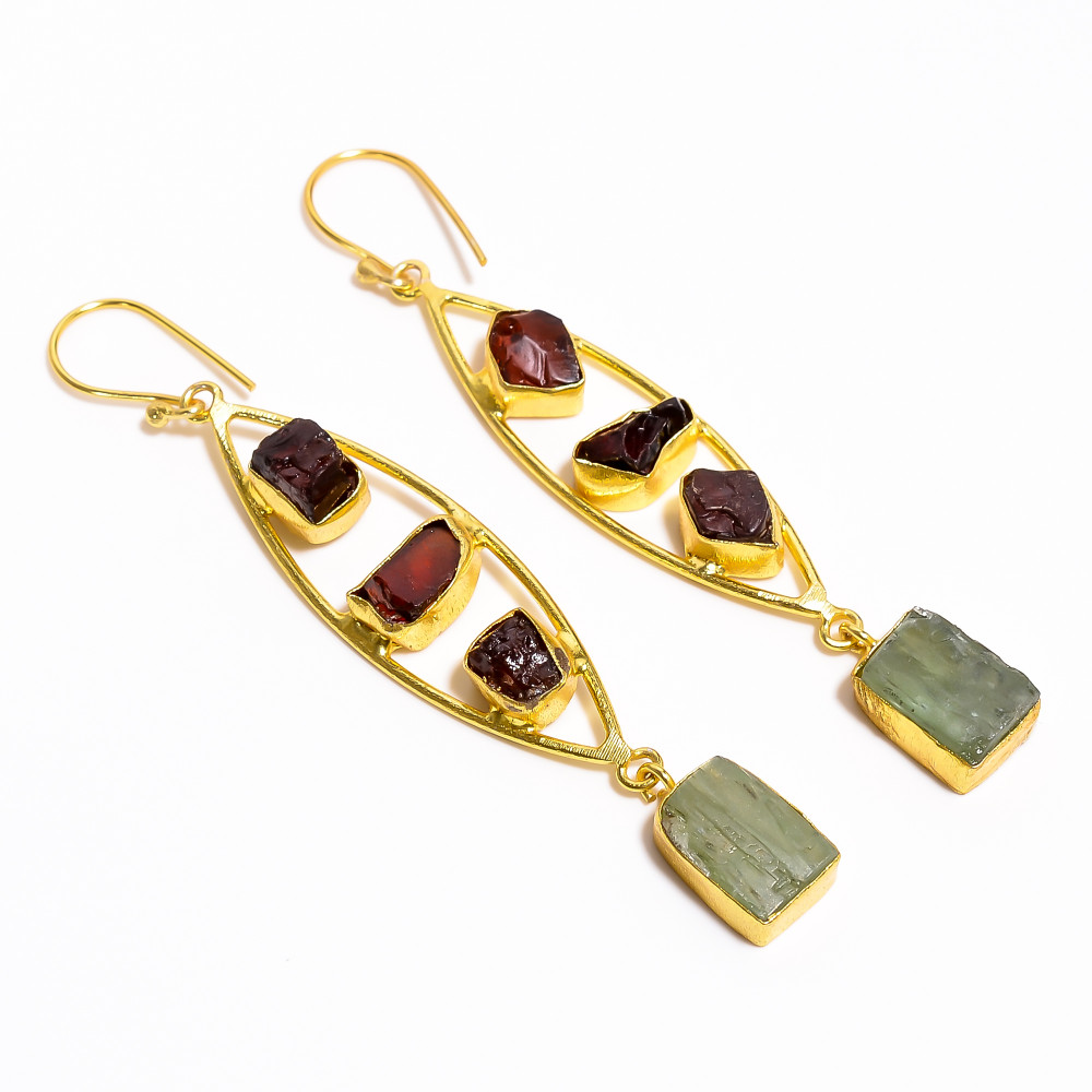 Image of 18K Gold Plated Earrings Natural Rough Garnet Green Kyanite Gemstone Earrings