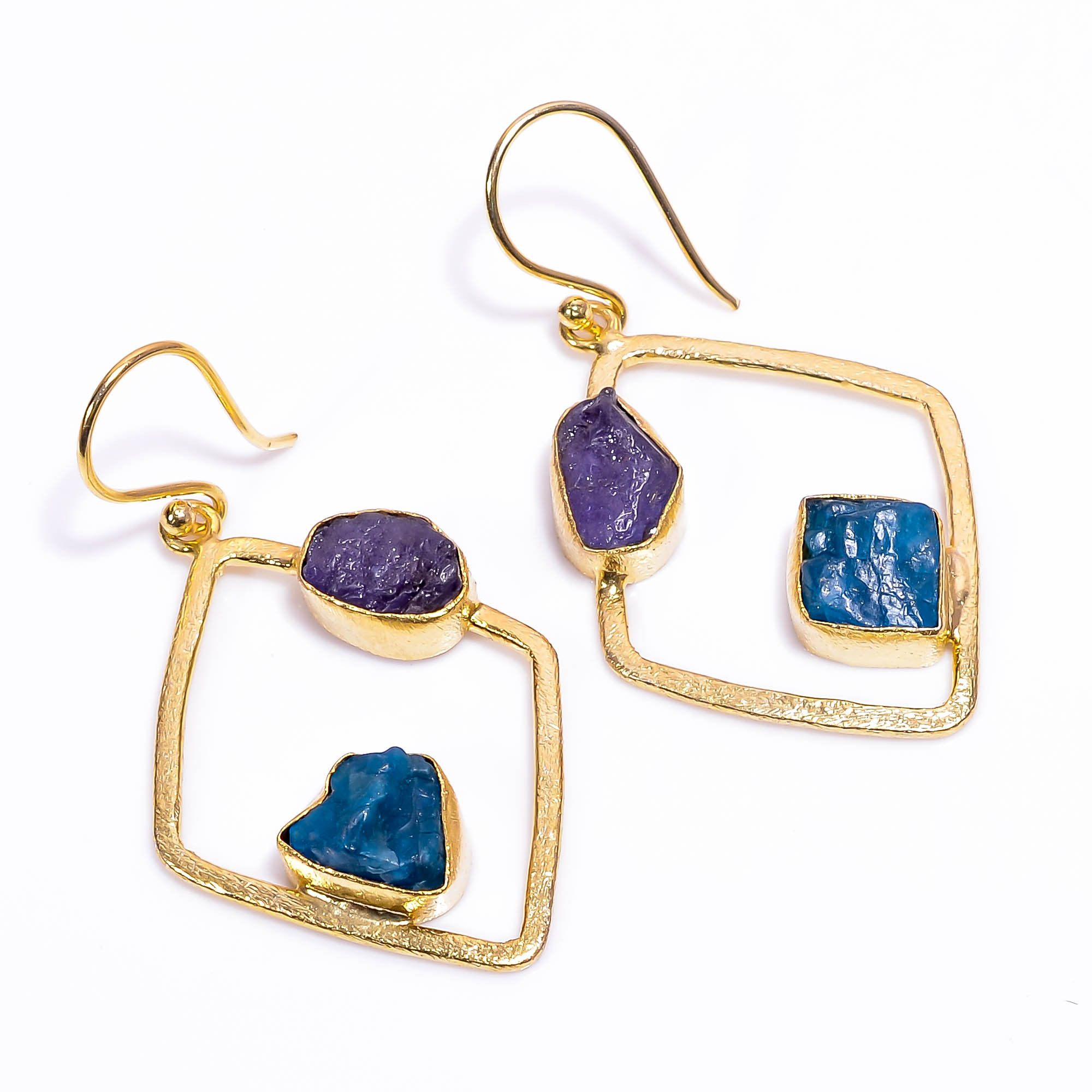 18K Gold Plated Brass Earrings Natural Rough Tanzanite Neon Apatite Gemstone Earrings