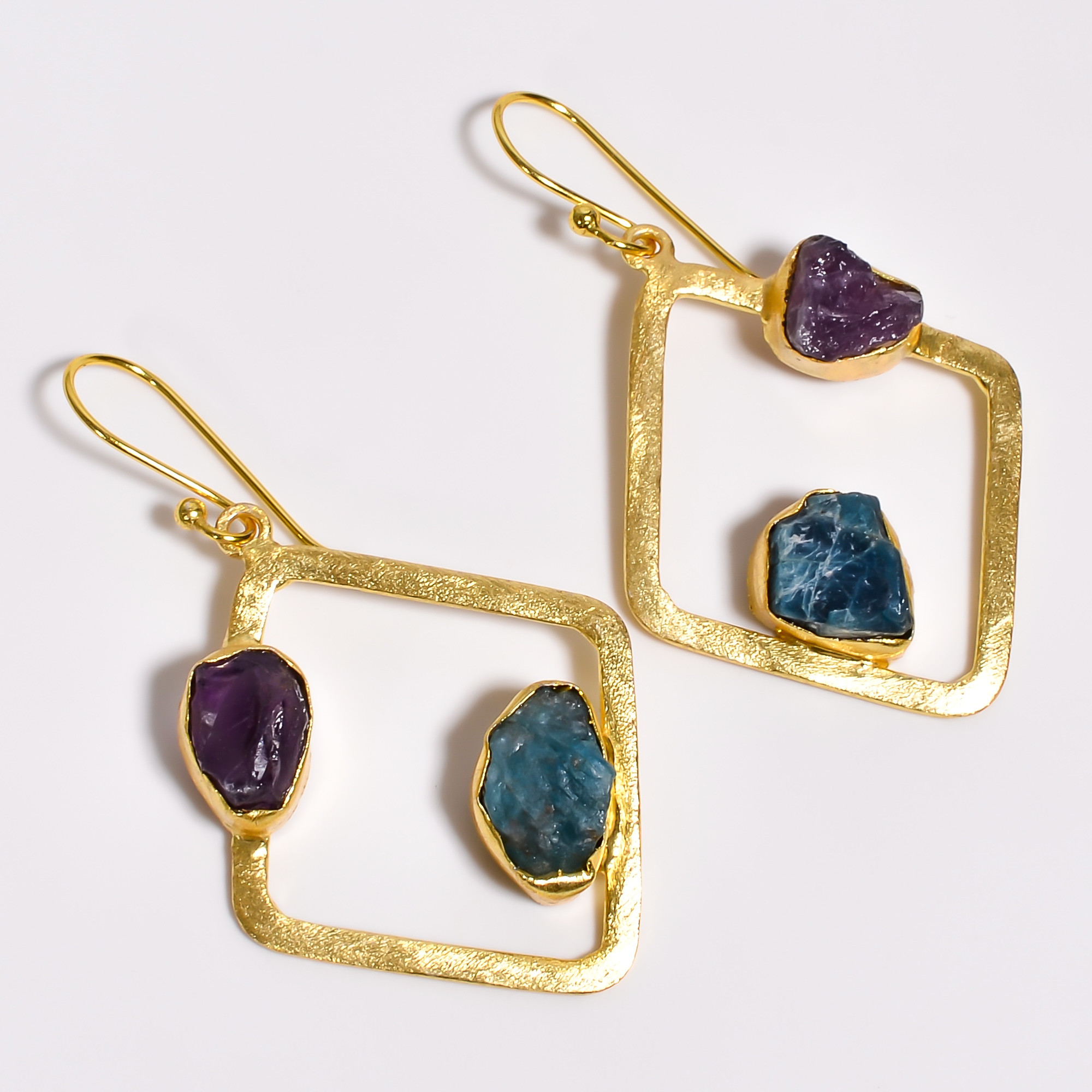 18K Gold Plated Earrings Natural Rough Neon Apatite Amethyst Gemstone Earrings