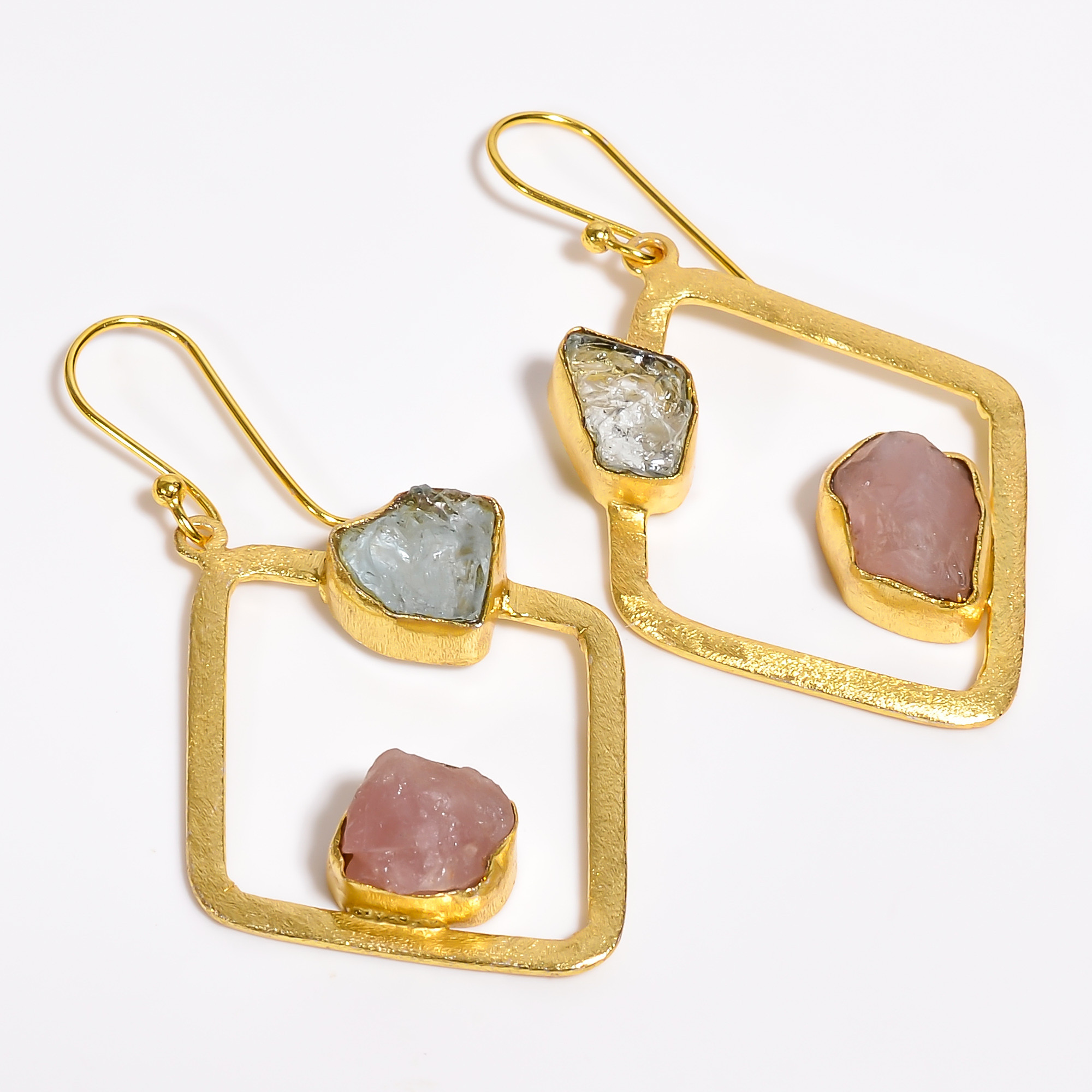18K Gold Plated Earrings Natural Rough Aquamarine Rose Quartz Gemstone Earrings