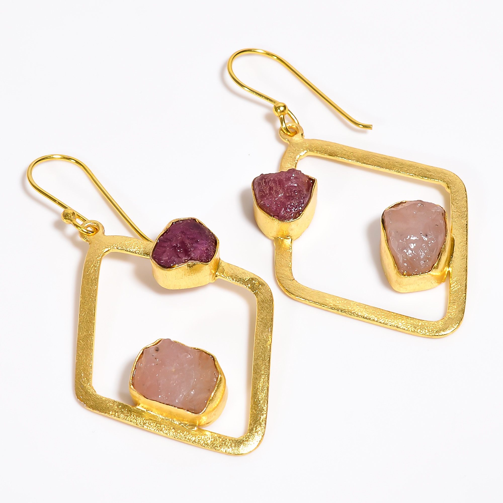 18K Gold Plated Earrings Natural Rough Ruby Rose Quartz Gemstone Earrings