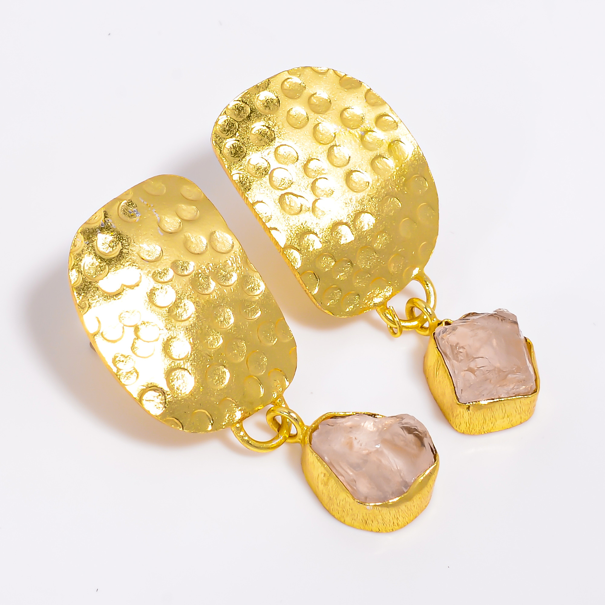 18K Gold Plated Earrings Natural Rough Rose Quartz Gemstone Earrings