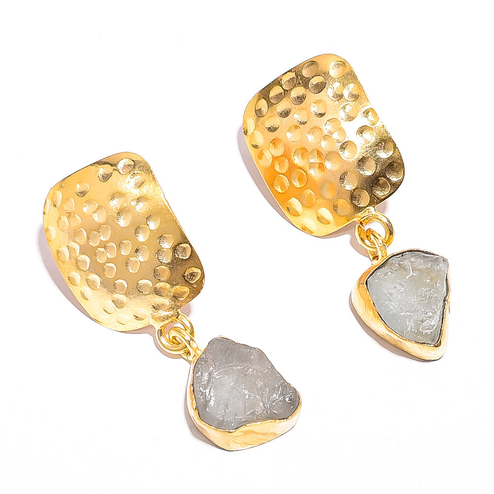 18K Gold Plated Earrings Natural Rough Aquamarine Gemstone Earrings