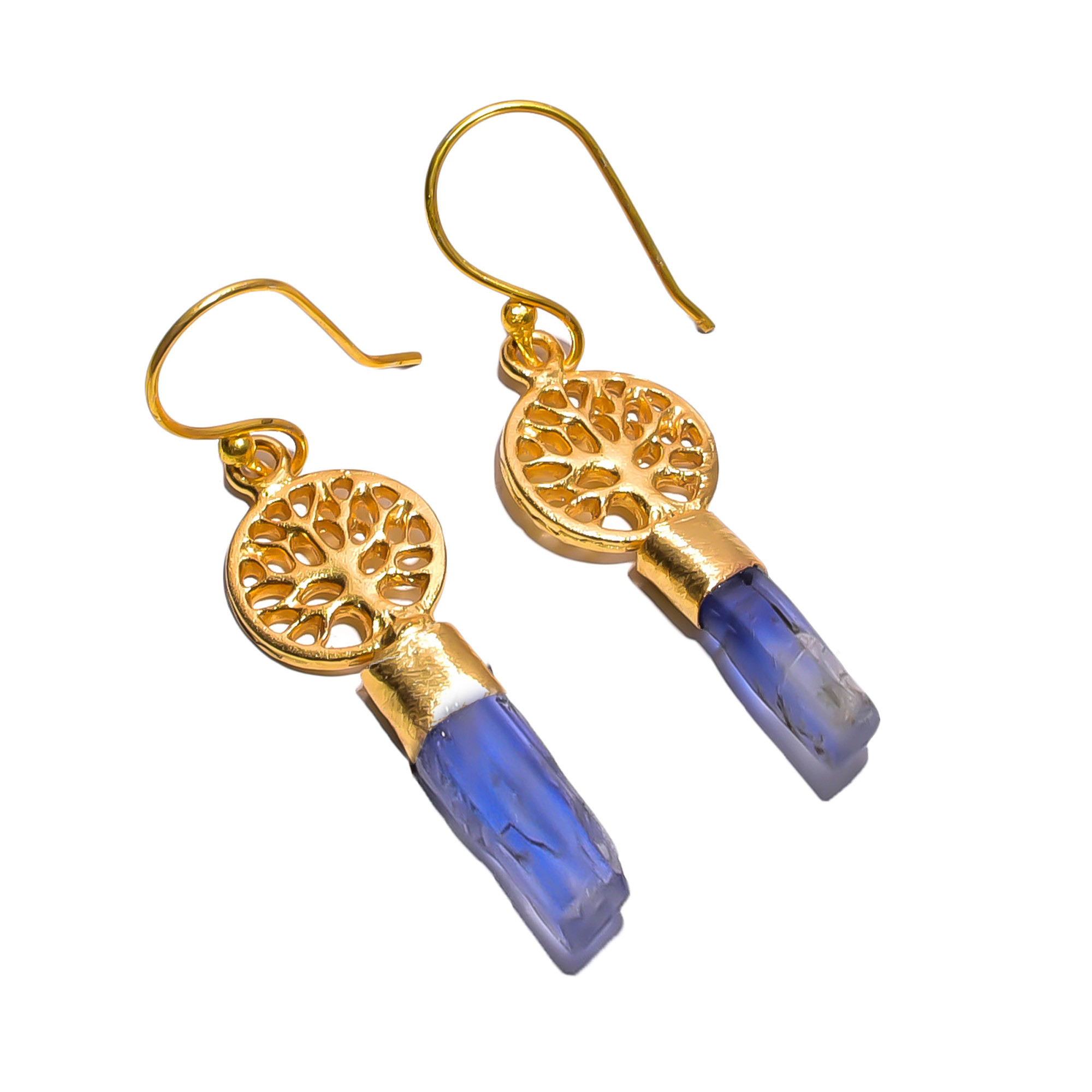 18K Gold Plated Earrings Natural Rough Blue Kyanite Gemstone Earrings