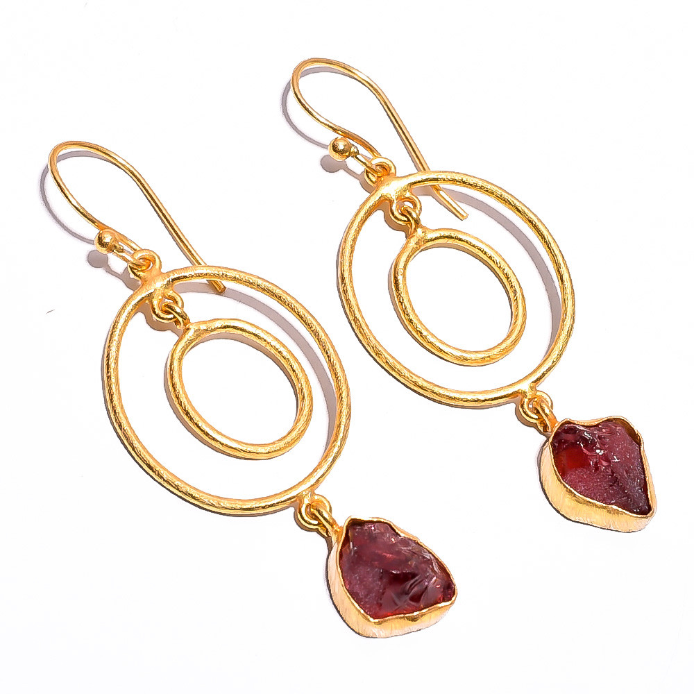 18K Gold Plated Brass Earrings Natural Rough Garnet Gemstone Earrings