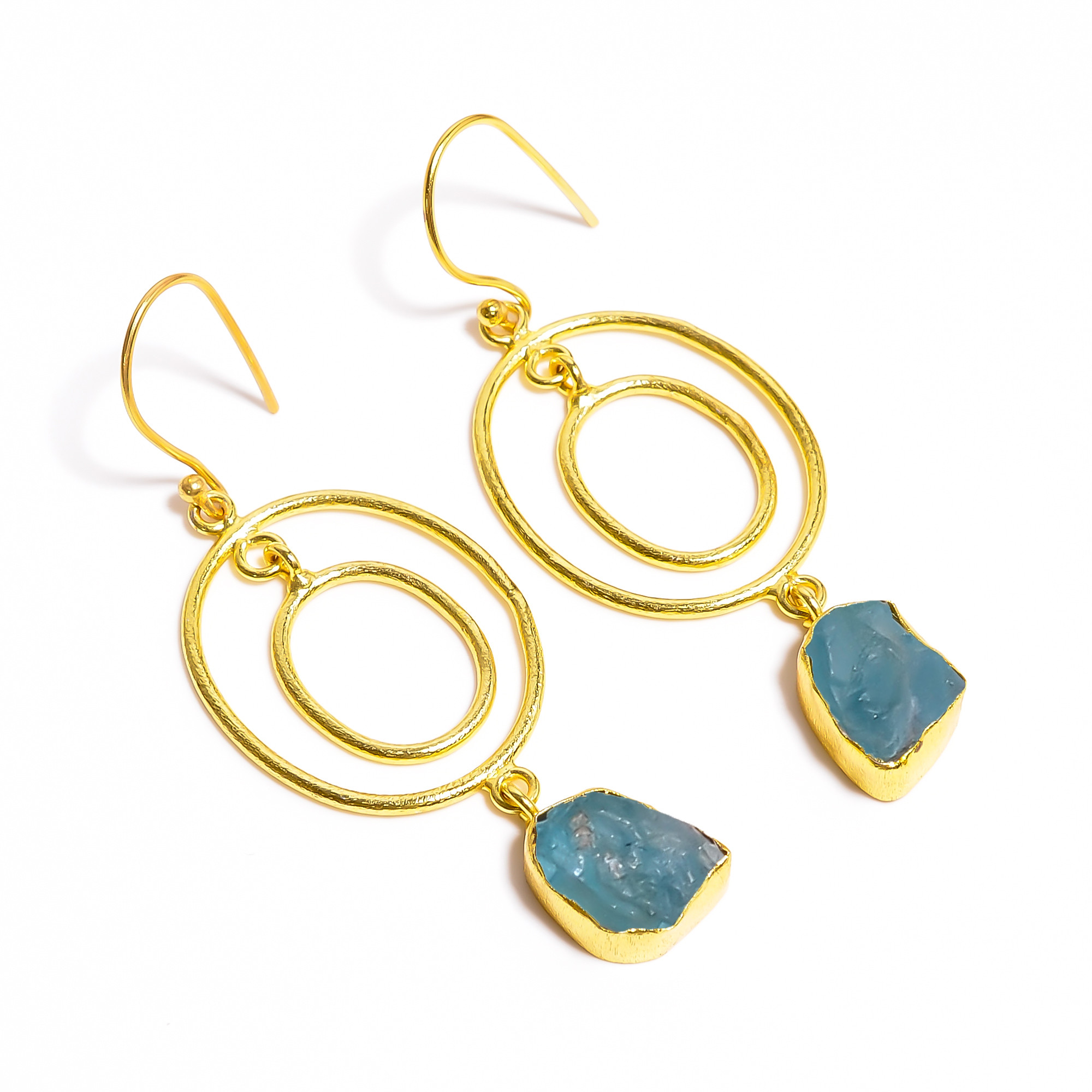 18K Gold Plated Brass Earrings Natural Raw Sky Apatite Gemstone Earrings