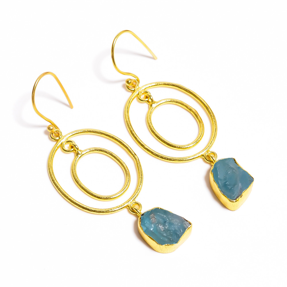 Image of 18K Gold Plated Brass Earrings Natural Raw Sky Apatite Gemstone Earrings