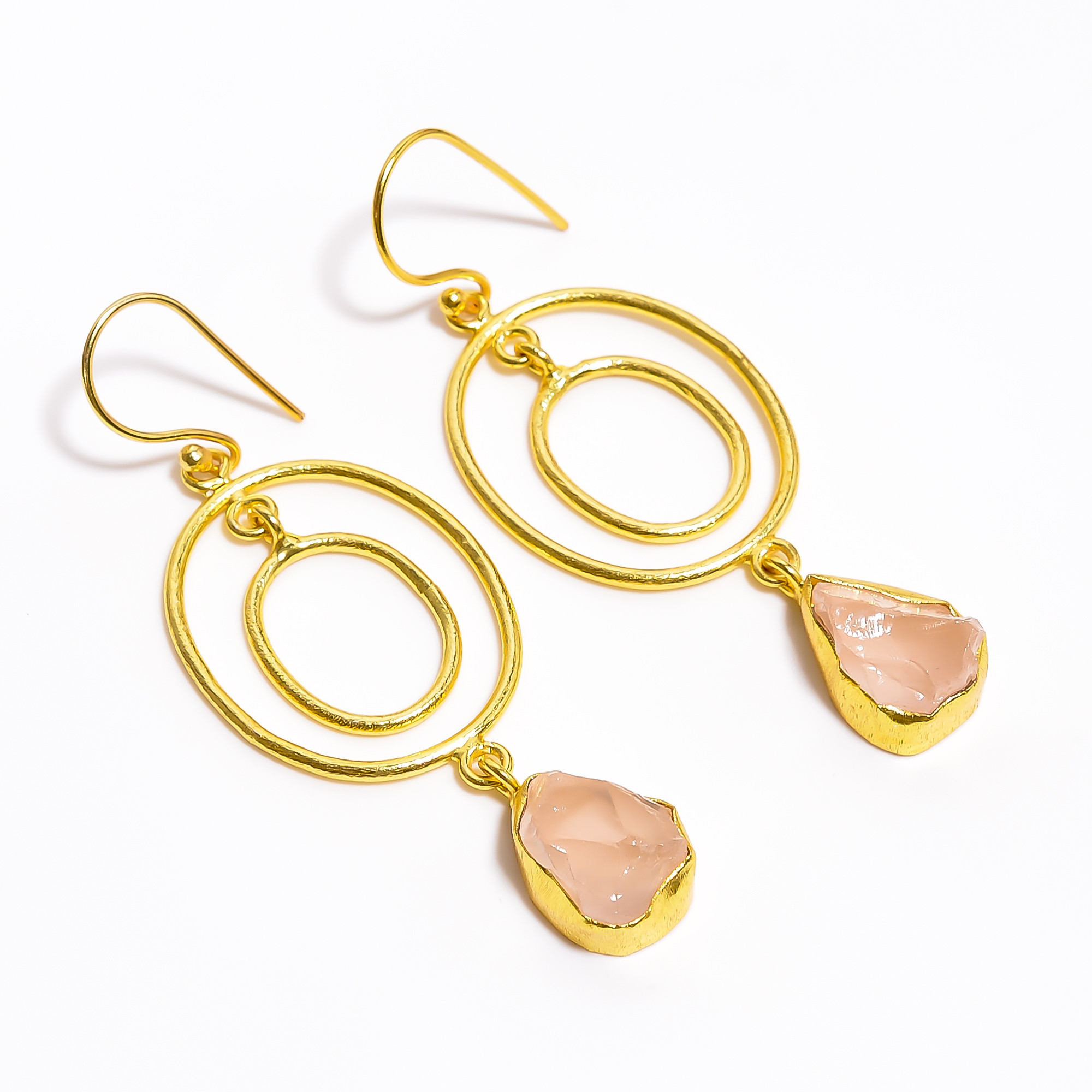 18K Gold Plated Brass Earrings Natural Raw Rose Quartz Gemstone Earrings