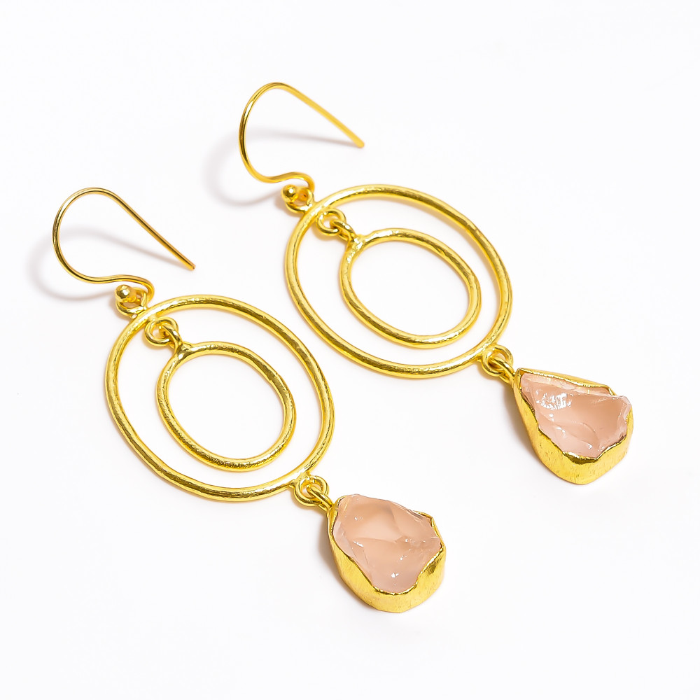 Image of 18K Gold Plated Brass Earrings Natural Raw Rose Quartz Gemstone Earrings