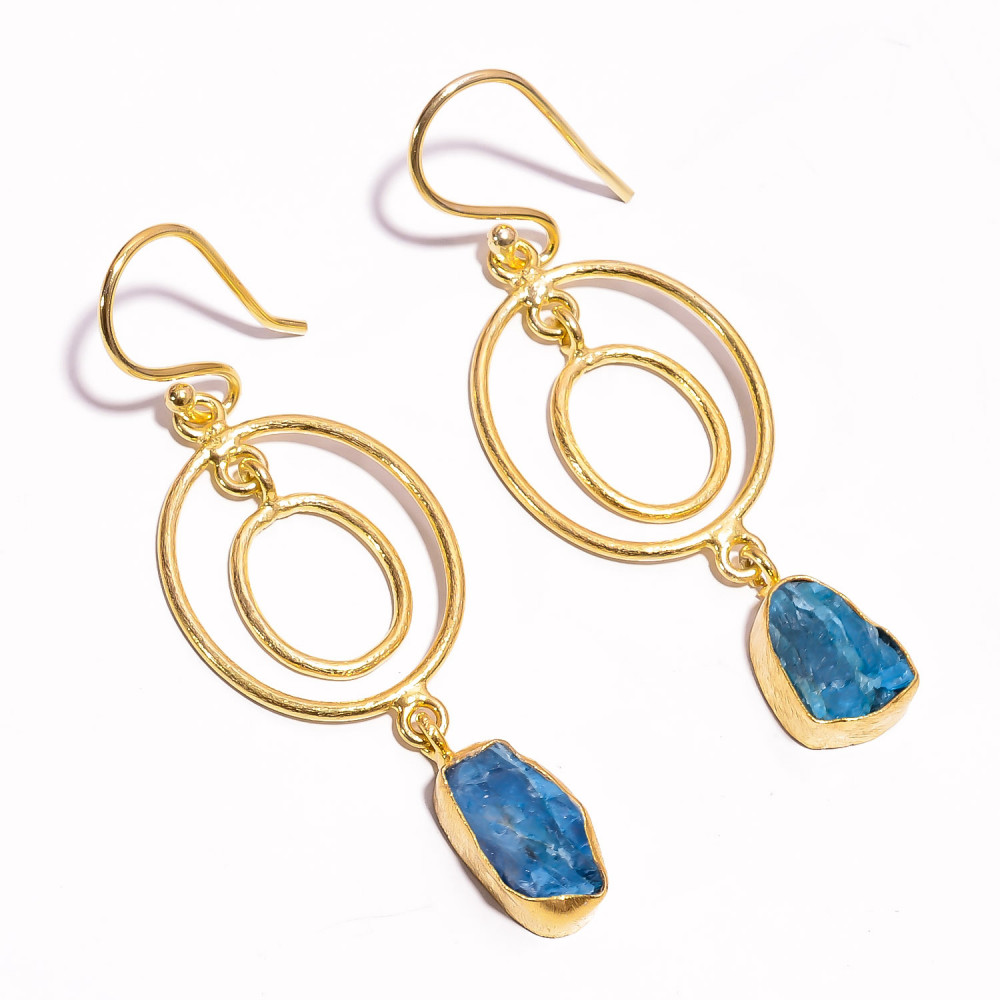 Image of 18K Gold Plated Brass Earrings Natural Raw Neon Apatite Gemstone Earrings