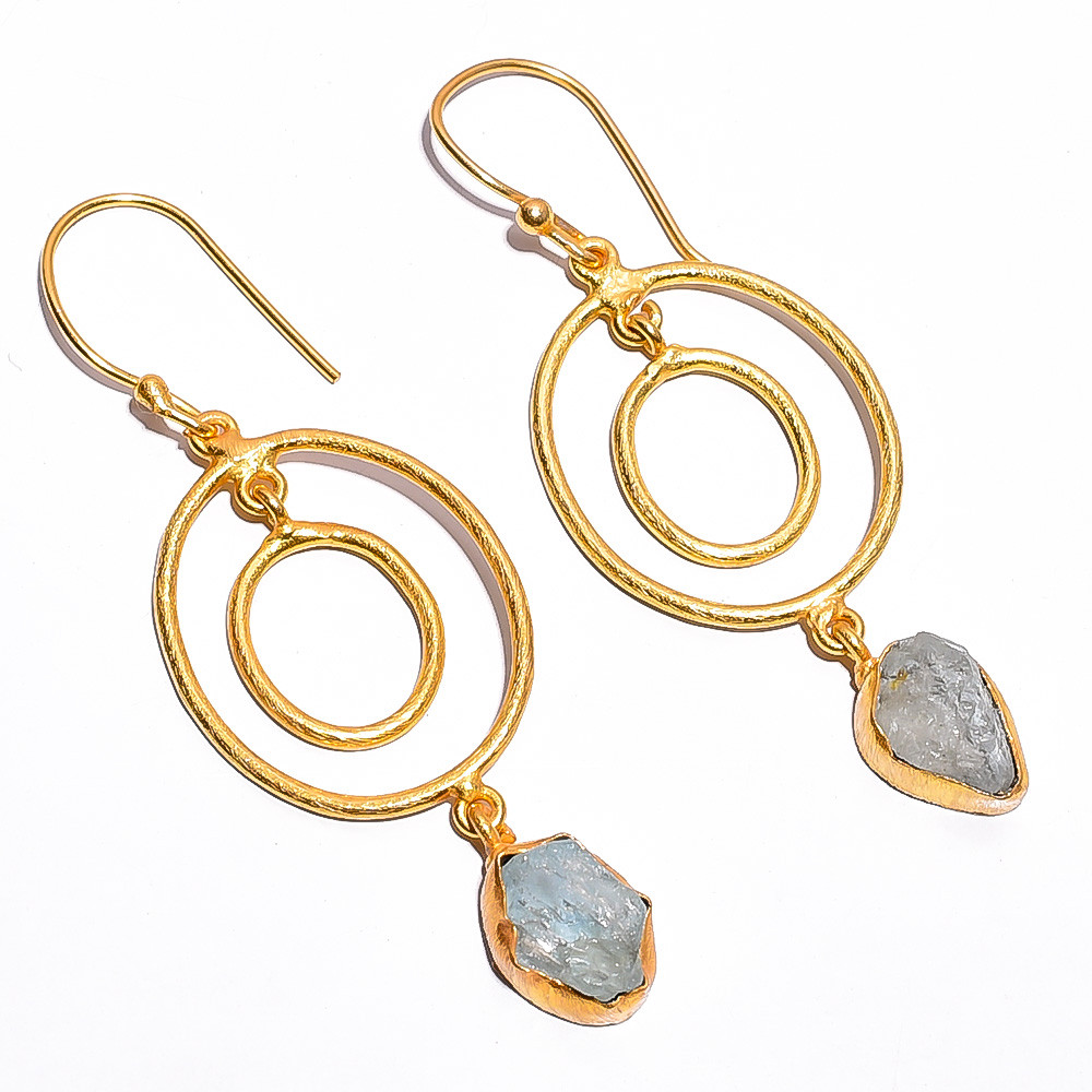 18K Gold Plated Earrings Natural Rough Aquamarine Gemstone Earrings