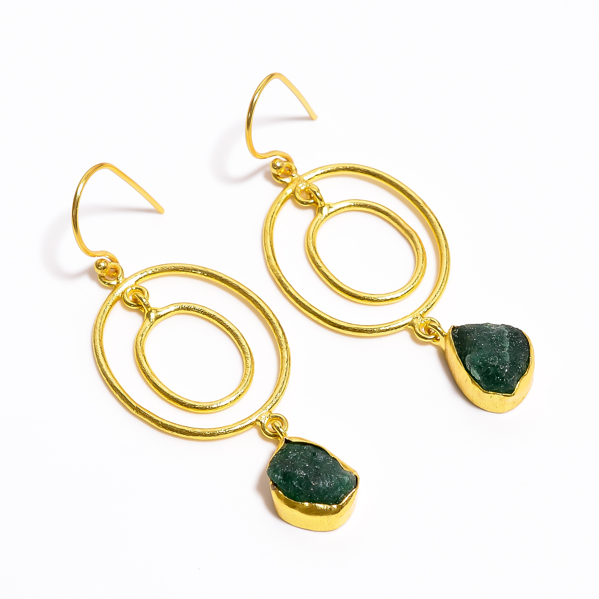 18K Gold Plated Brass Earrings Natural Rough Green Aventurine Gemstone Earrings