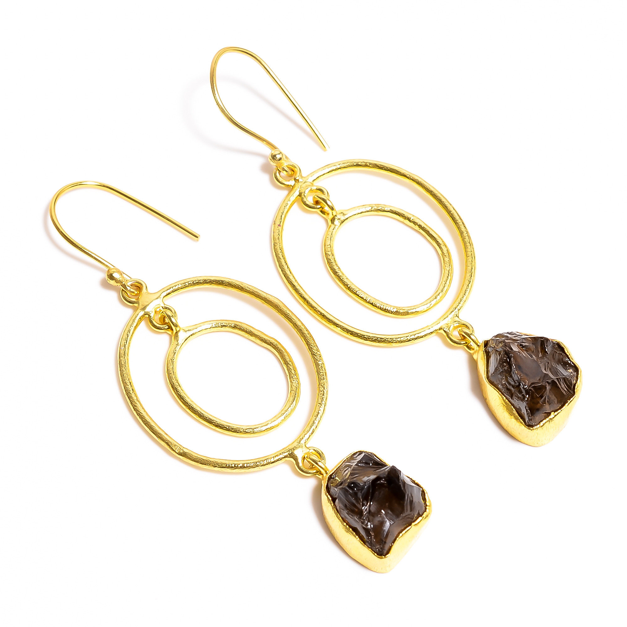 18K Gold Plated Brass Earrings Natural Rough Smoky Gemstone Earrings