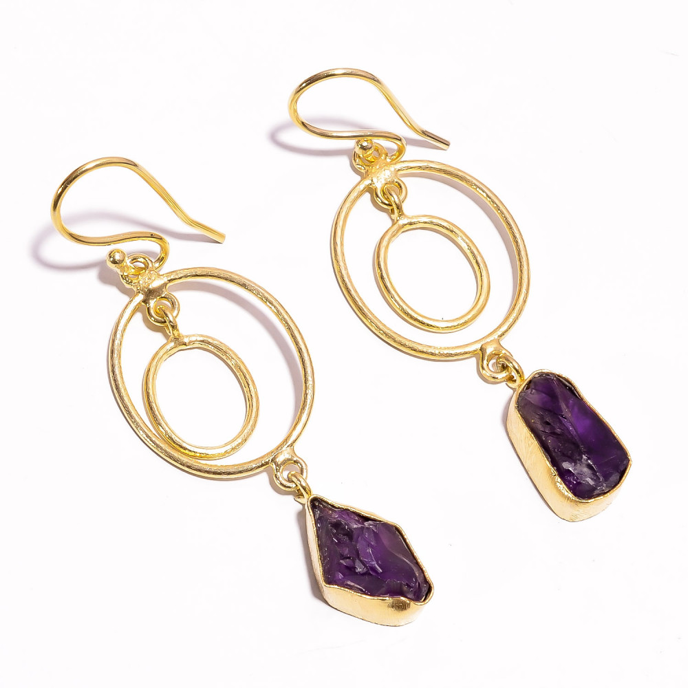 Image of 18K Gold Plated Brass Earrings Natural Raw Amethyst Gemstone Earrings