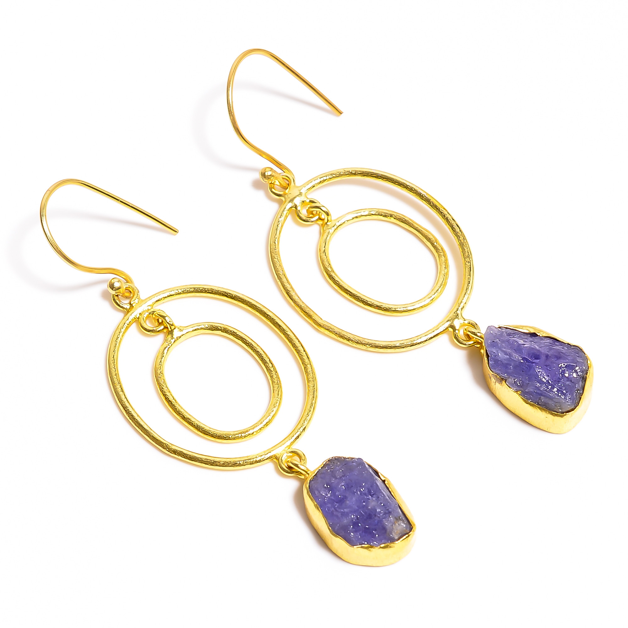 18K Gold Plated Brass Earrings Natural Rough Tanzanite Gemstone Earrings