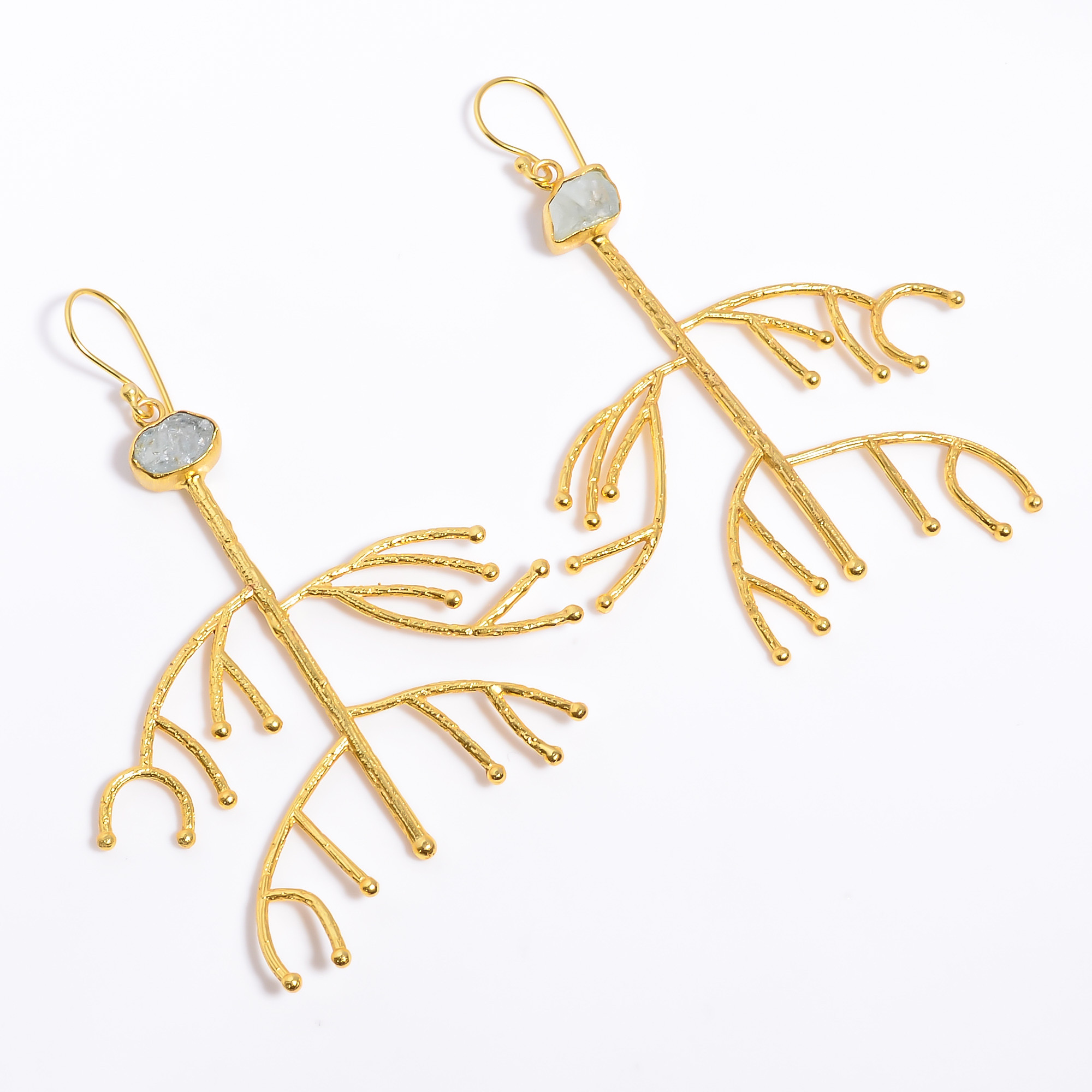 18K Gold Plated Earrings Natural Rough Aquamarine Gemstone Earrings