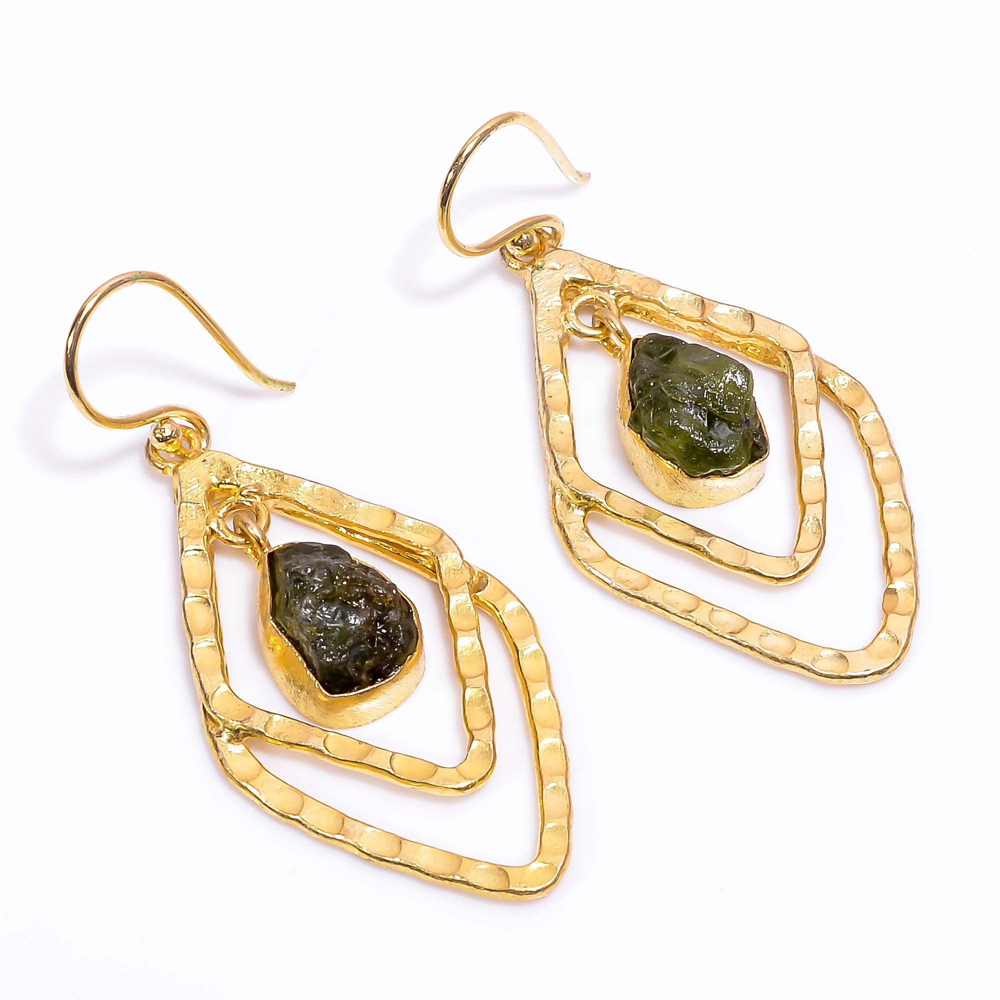 18K Gold Plated Brass Earrings Natural Rough Peridot Gemstone Earrings