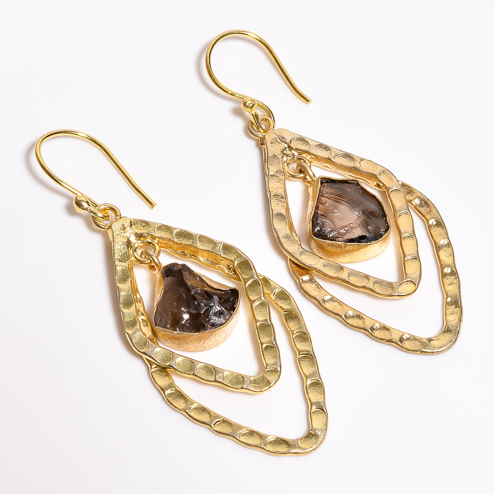 18K Gold Plated Earrings Natural Rough Smoky Gemstone Earrings