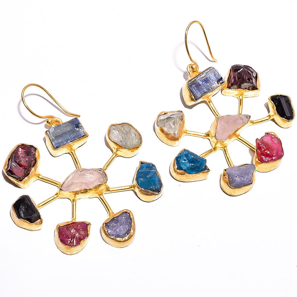 18K Gold Plated Earrings Natural Rough Multi Gemstones Earrings