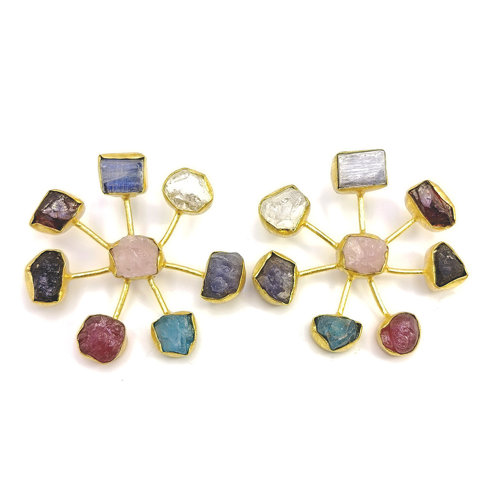 18K Gold Plated Earrings Natural Rough Multi Gemstones Earrings
