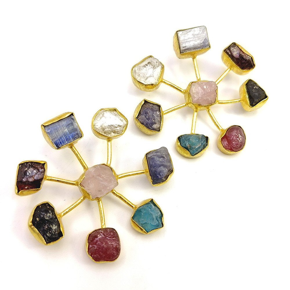 18K Gold Plated Earrings Natural Rough Multi Gemstones Earrings