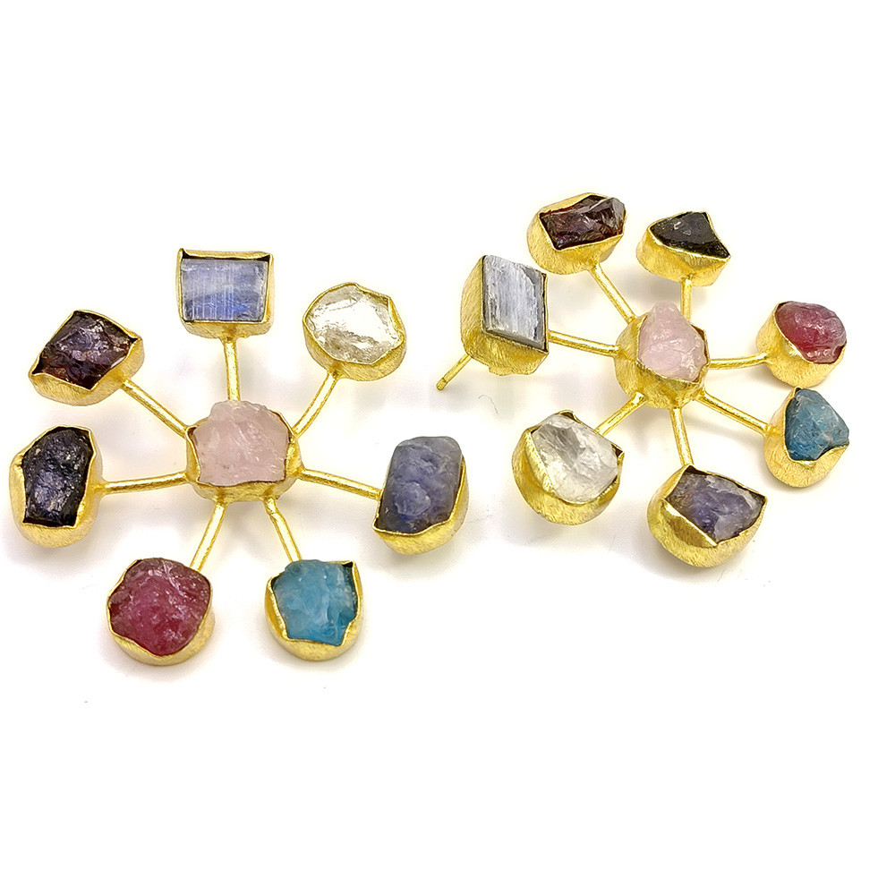 18K Gold Plated Earrings Natural Rough Multi Gemstones Earrings