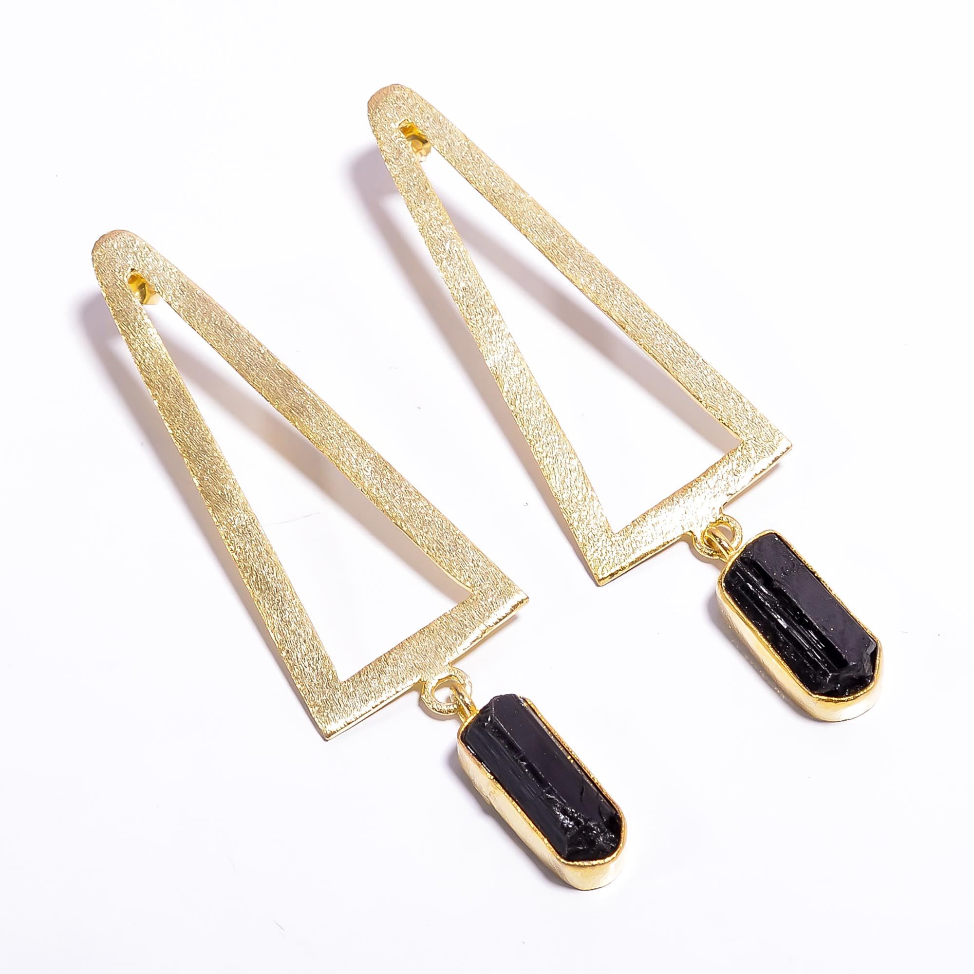 18K Gold Plated Earrings Natural Rough Black Tourmaline Gemstone Earrings