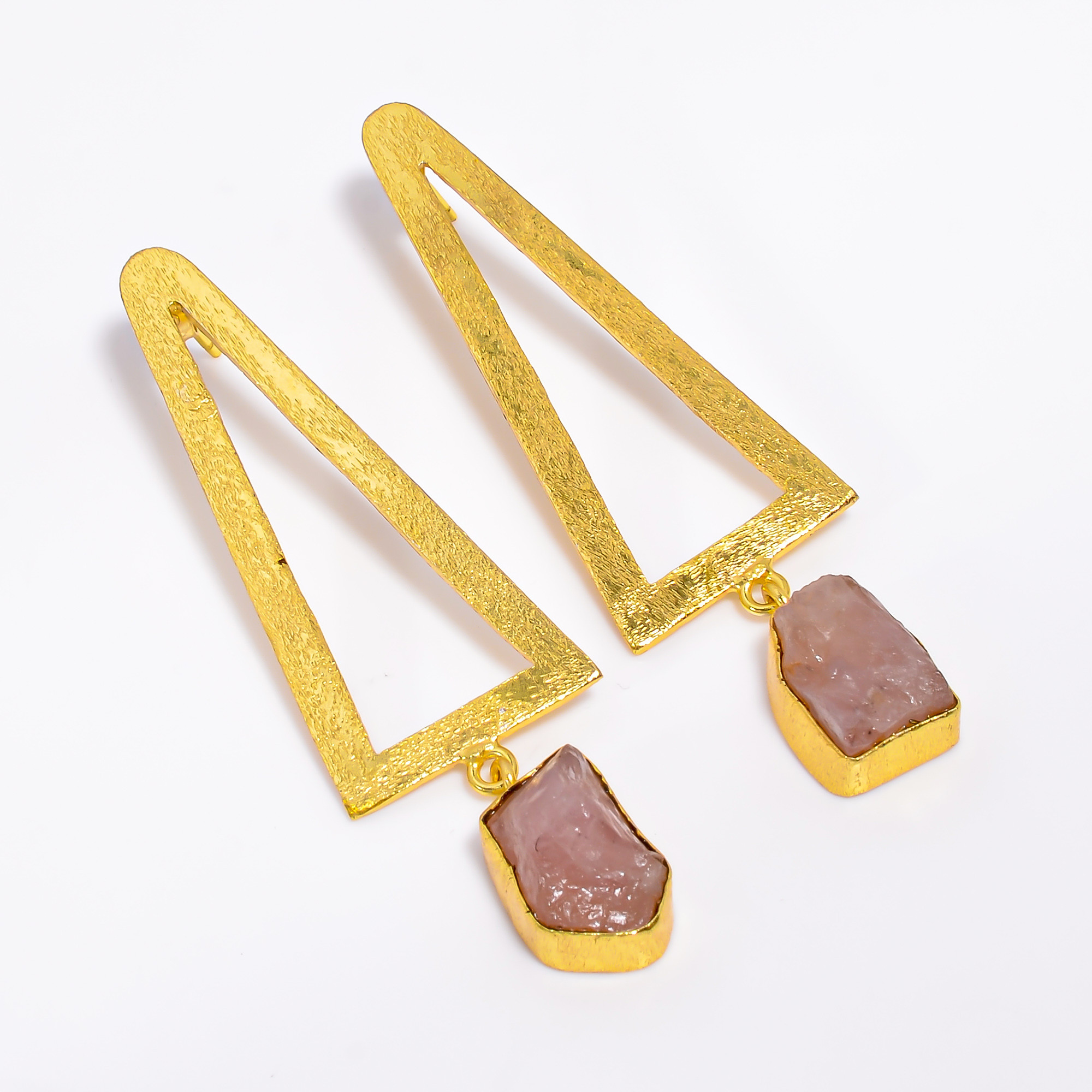 18K Gold Plated Earrings Natural Rough Rose Quartz Gemstone Earrings