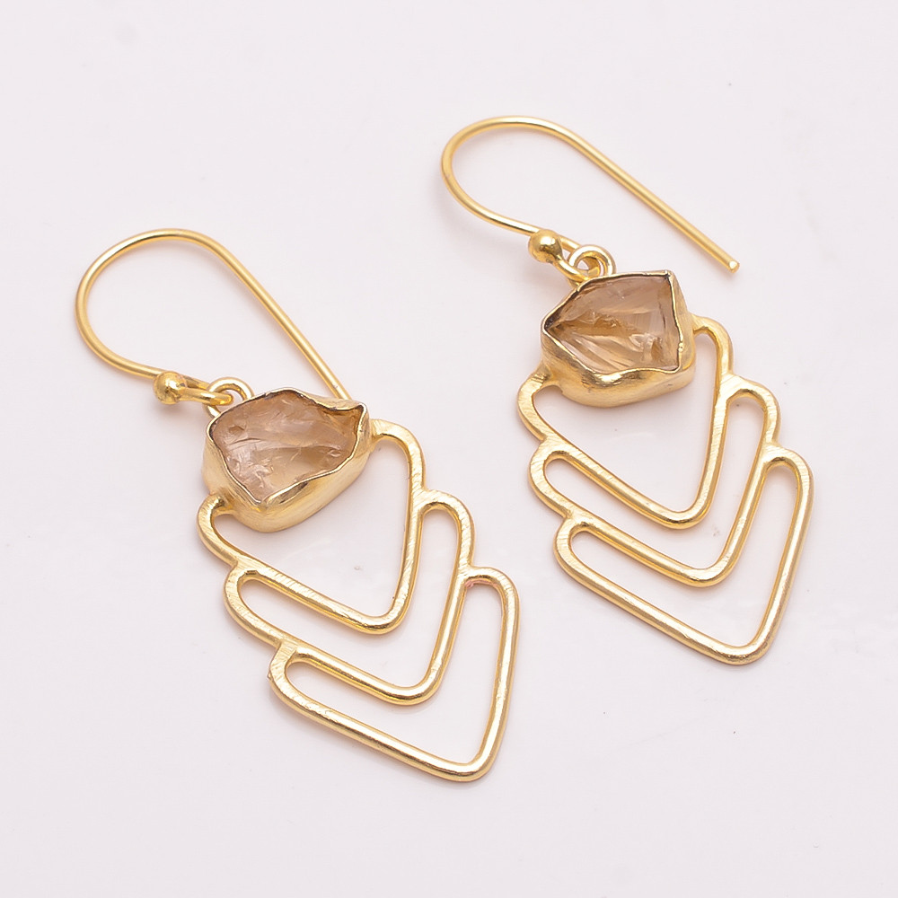 18K Gold Plated Earrings Natural Rough Citrine Gemstone Earrings